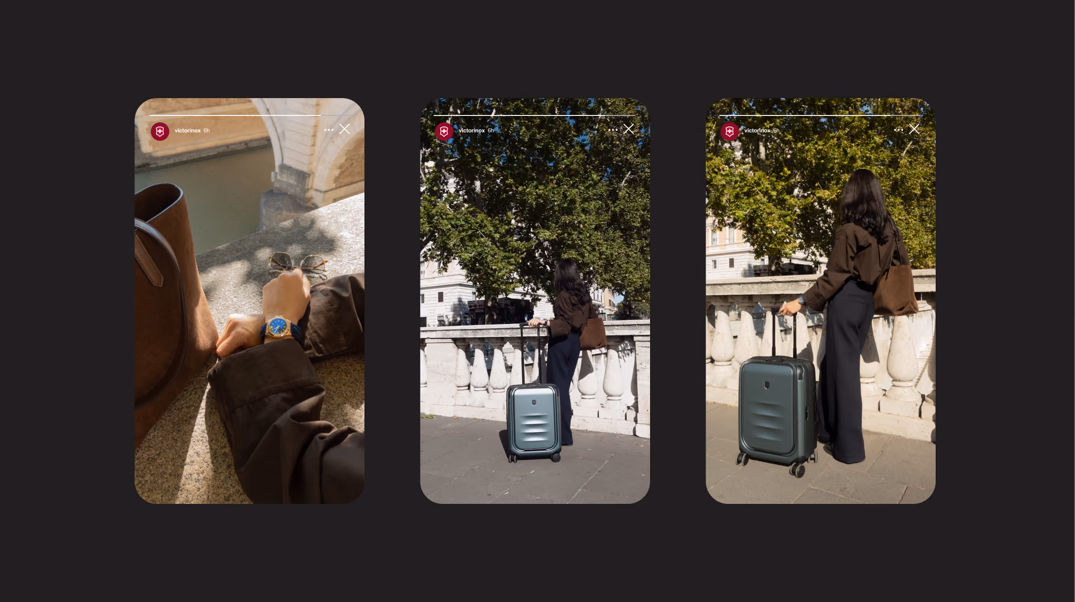Three photos: close-up of wristwatch and bag, woman with suitcase by white stone railing and trees.