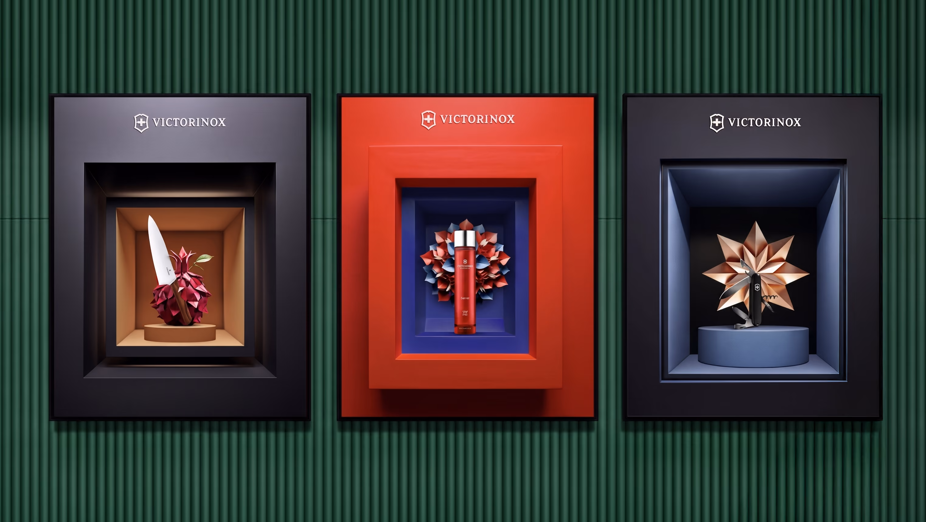 Three Victorinox displays with a chef's knife, a red bottle, and a Swiss Army knife with decorative backgrounds.