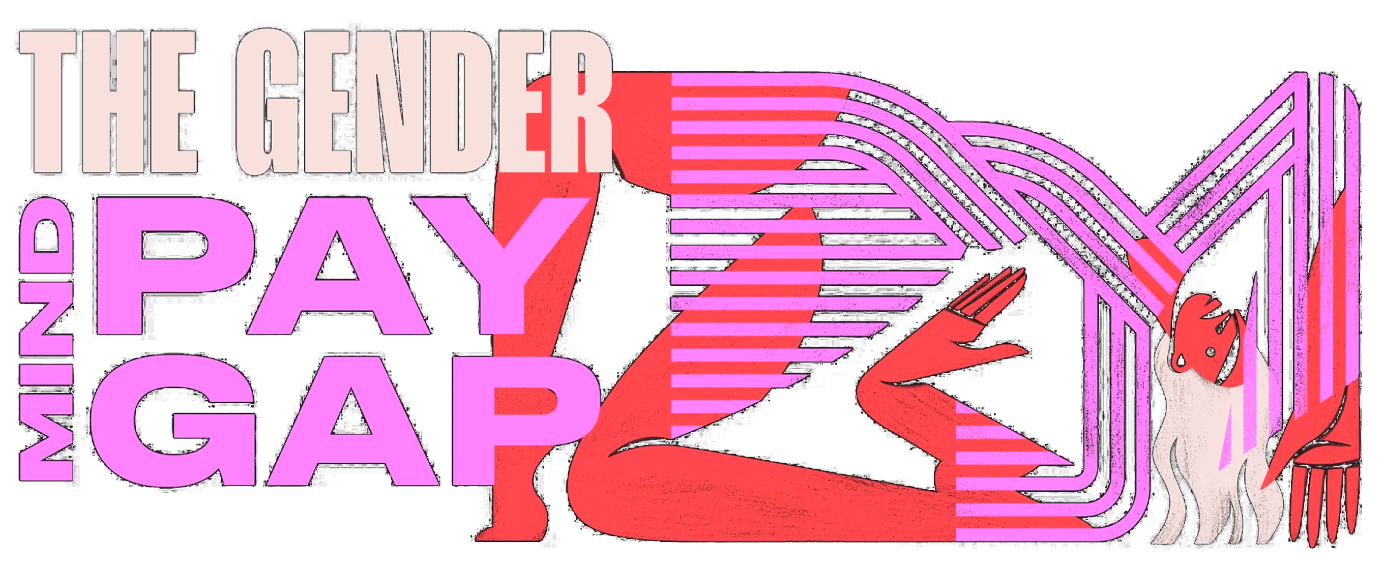 Creative graphic with text 'The Gender Pay Gap' and a stylized figure intertwined with vibrant pink and red lines combining the concepts visually.
