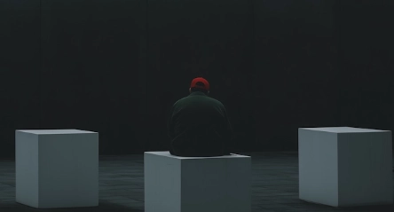 A man sitting on a box in a dark room, wearing a red cap