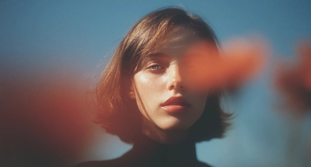 A woman in a field with flowers over her face