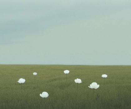 An open filed with green grass and a clear sky and loads of white flowers