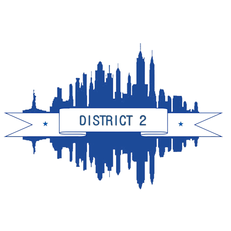 District 2 logo with New York City skyline