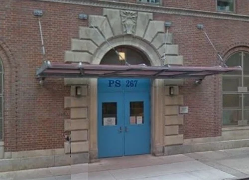 PS 287 school entrance with blue double doors