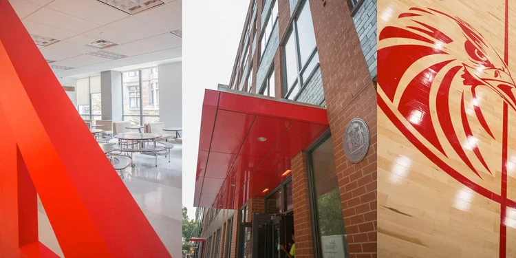 Modern school building entrance with red canopy