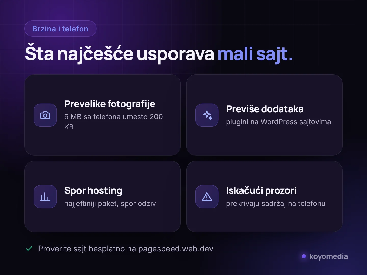 Četiri najčešća razloga sporog sajta male firme: velike fotografije, previše dodataka, spor hosting i iskačući prozori