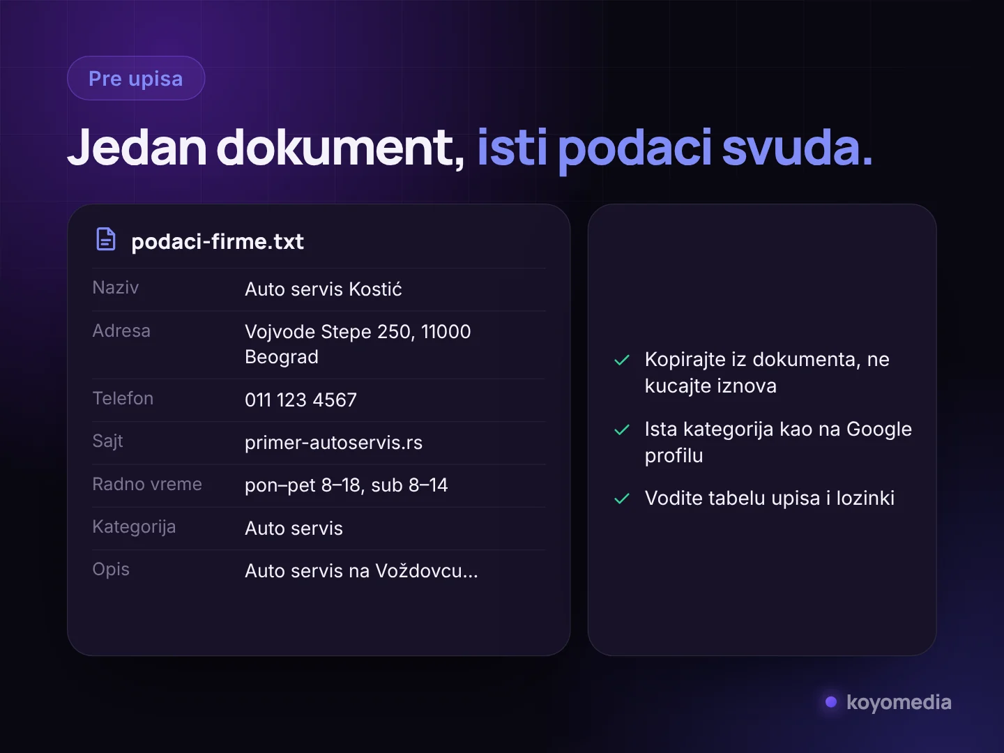 Primer dokumenta sa podacima firme iz kog se kopiraju podaci pri upisu u imenike