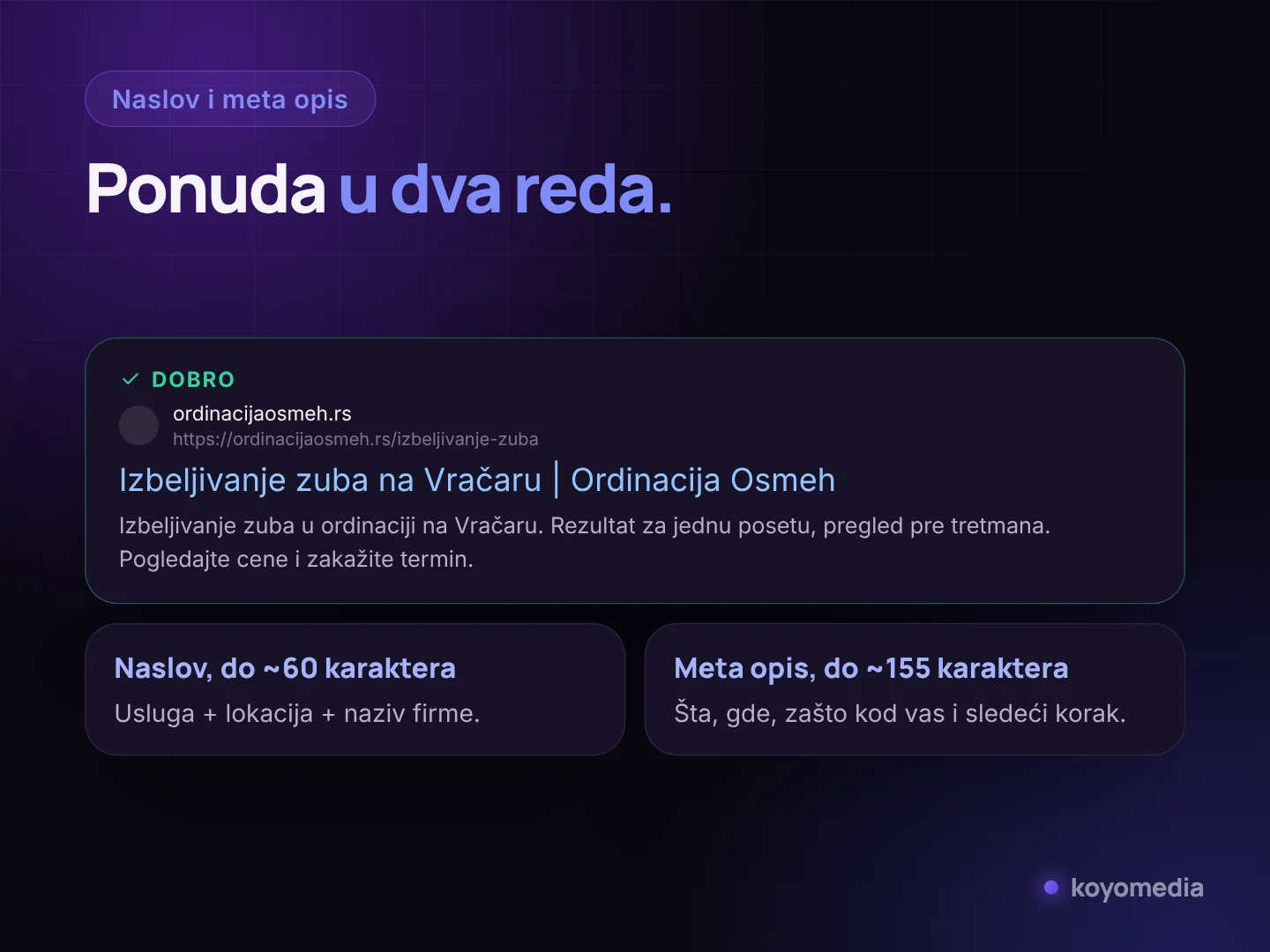 Primer naslova i meta opisa stranice usluge u Google rezultatima
