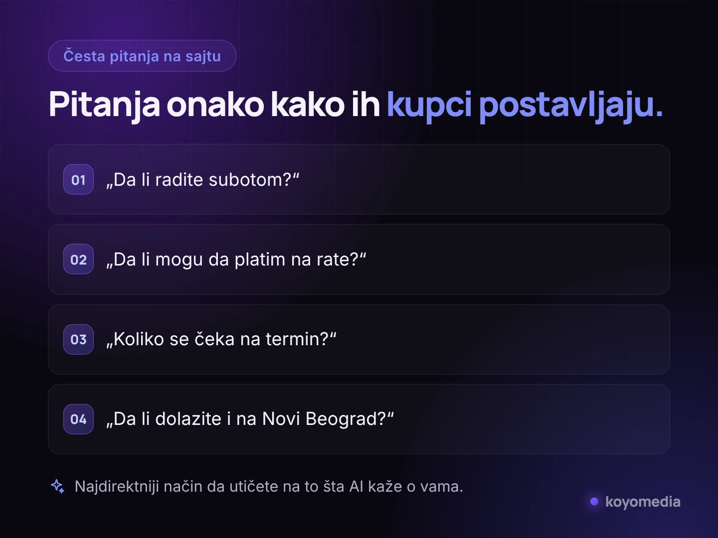 Primeri čestih pitanja kupaca napisanih prirodnim jezikom za sajt lokalne firme
