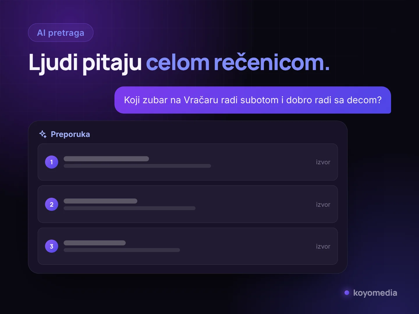 Pitanje „Koji zubar na Vračaru radi subotom i dobro radi sa decom?“ i preporuka koju sastavlja veštačka inteligencija
