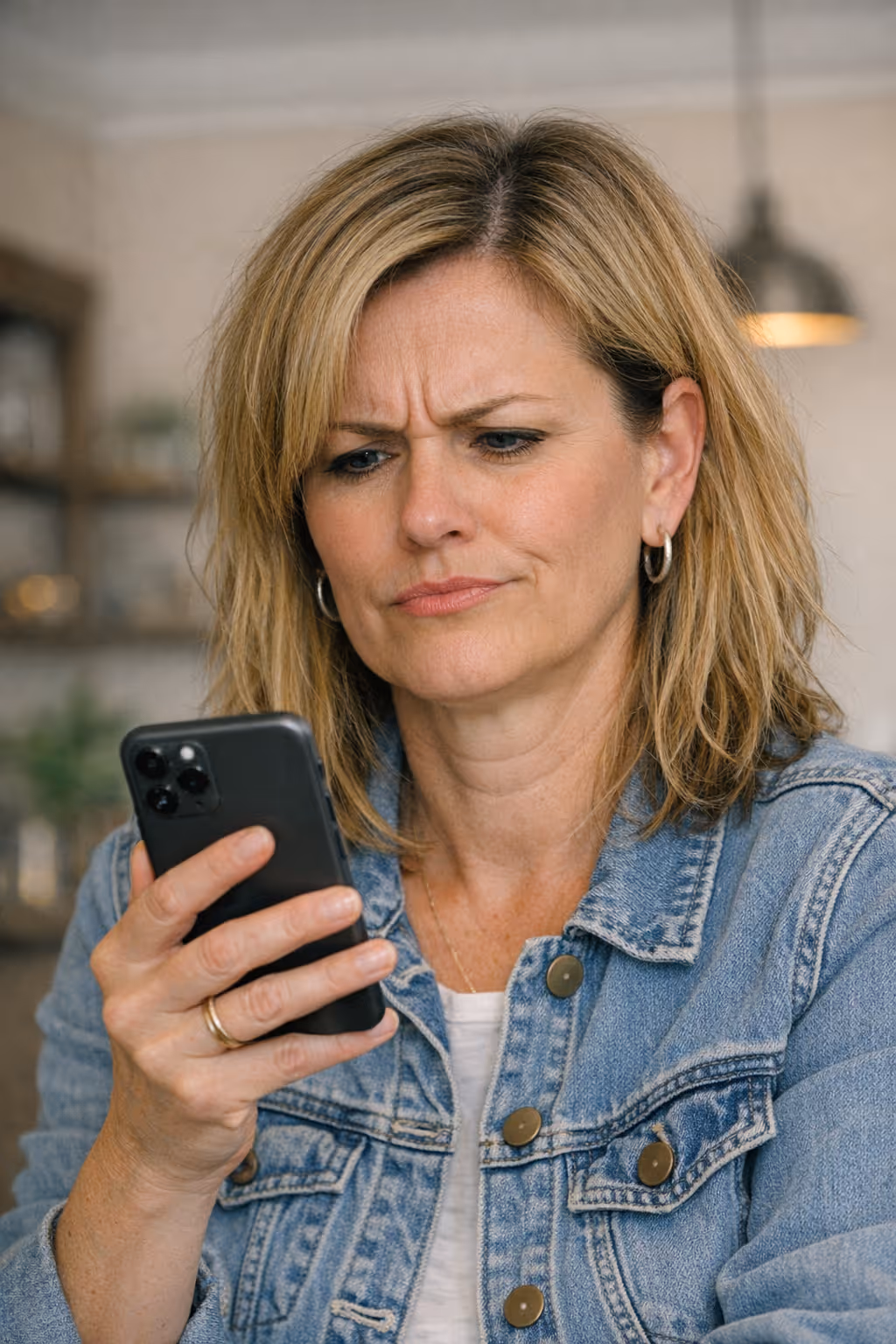 Women in her 40's looking at a health review on her phone