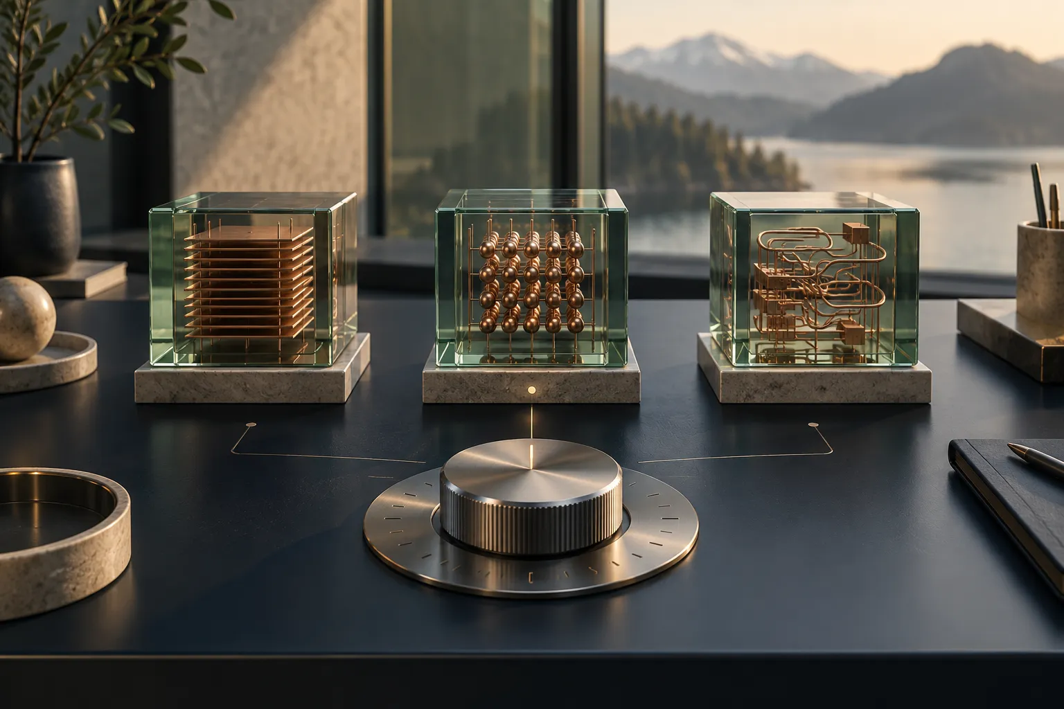 Conceptual editorial illustration of three translucent computing modules on a precision workbench with a mechanical selector.