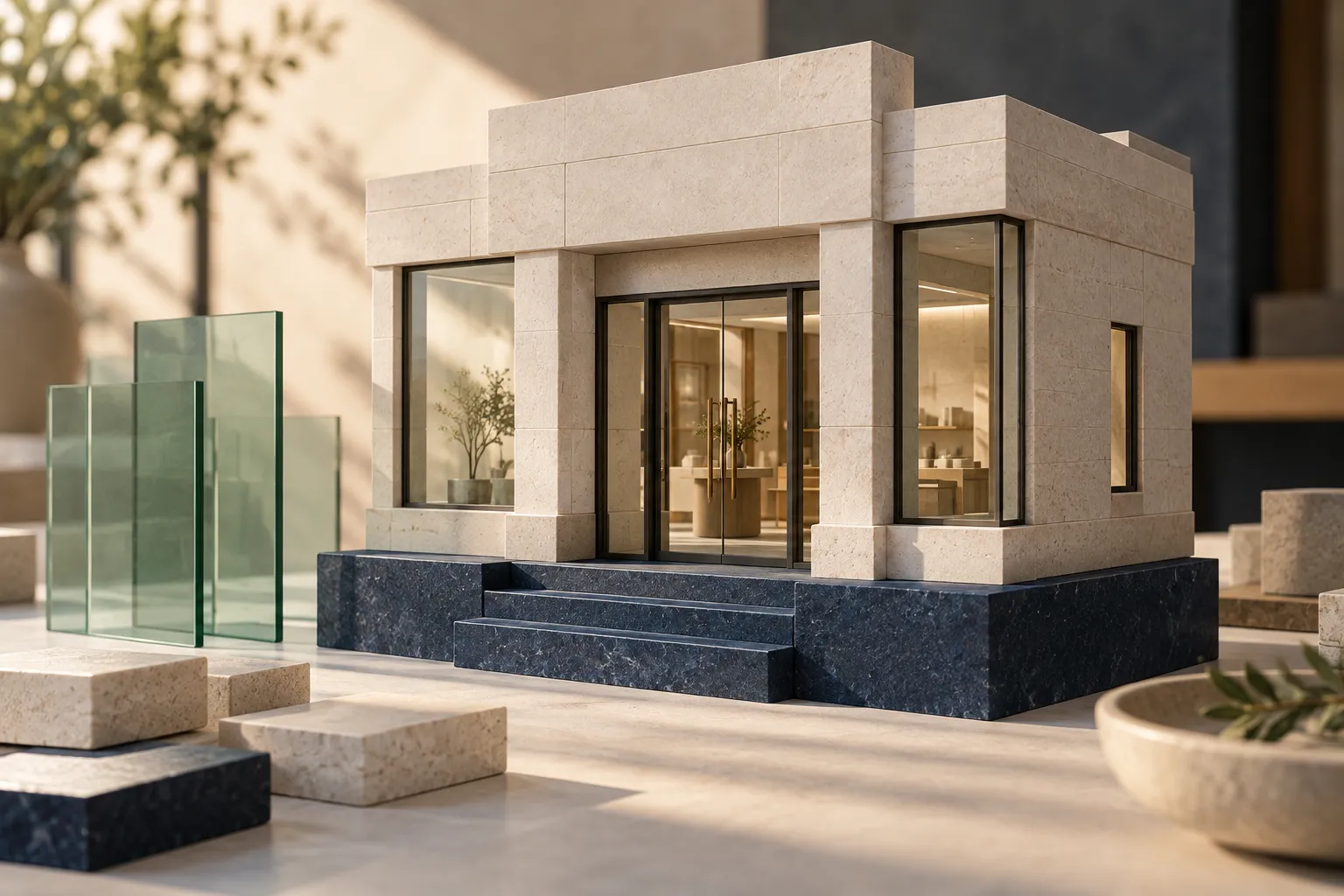 Conceptual editorial illustration of modular stone and glass structures forming a refined storefront and its underlying foundations.