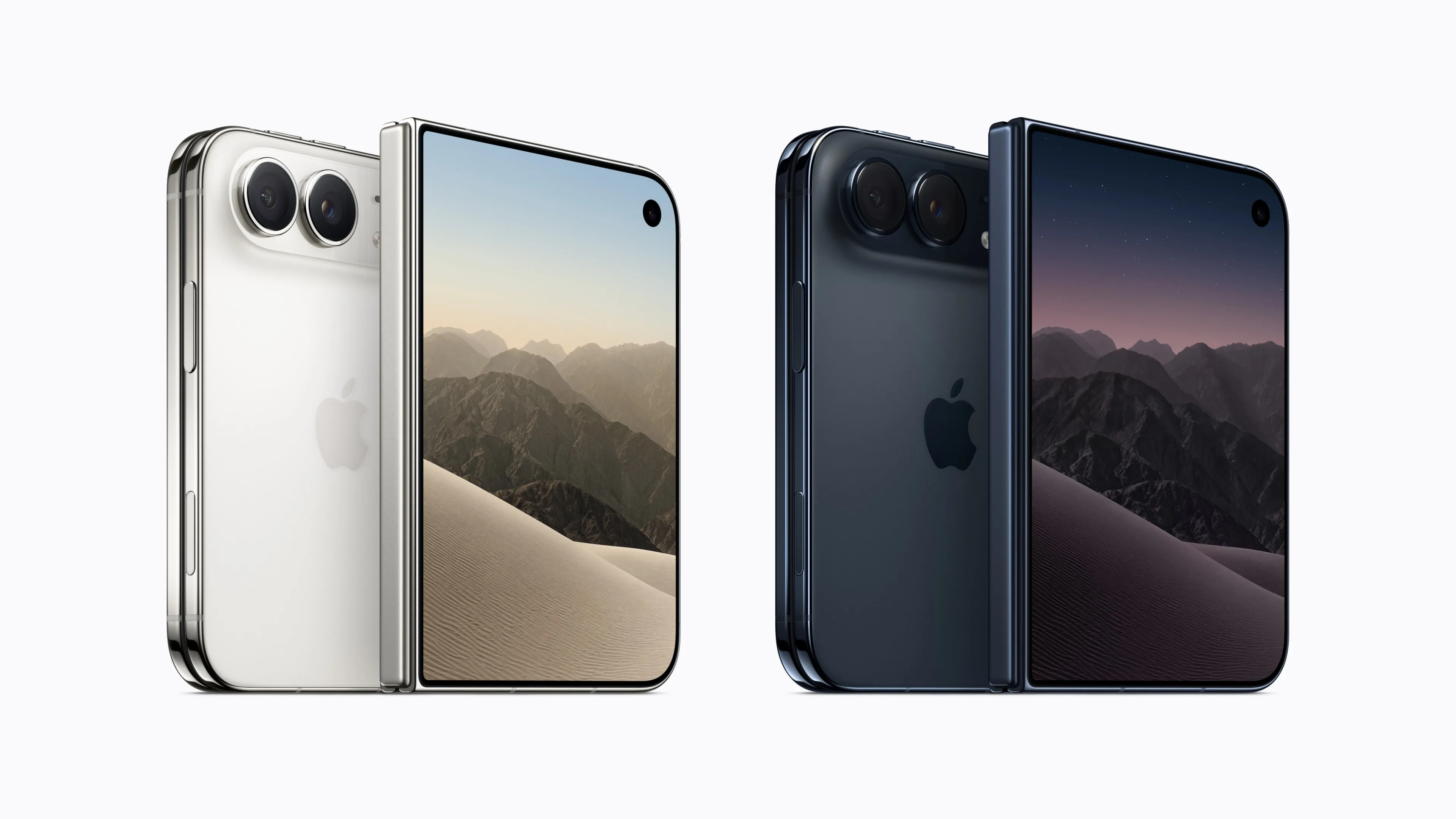 Apple press image showing iPhone Duo devices in star white and night sky, viewed from the front and back.