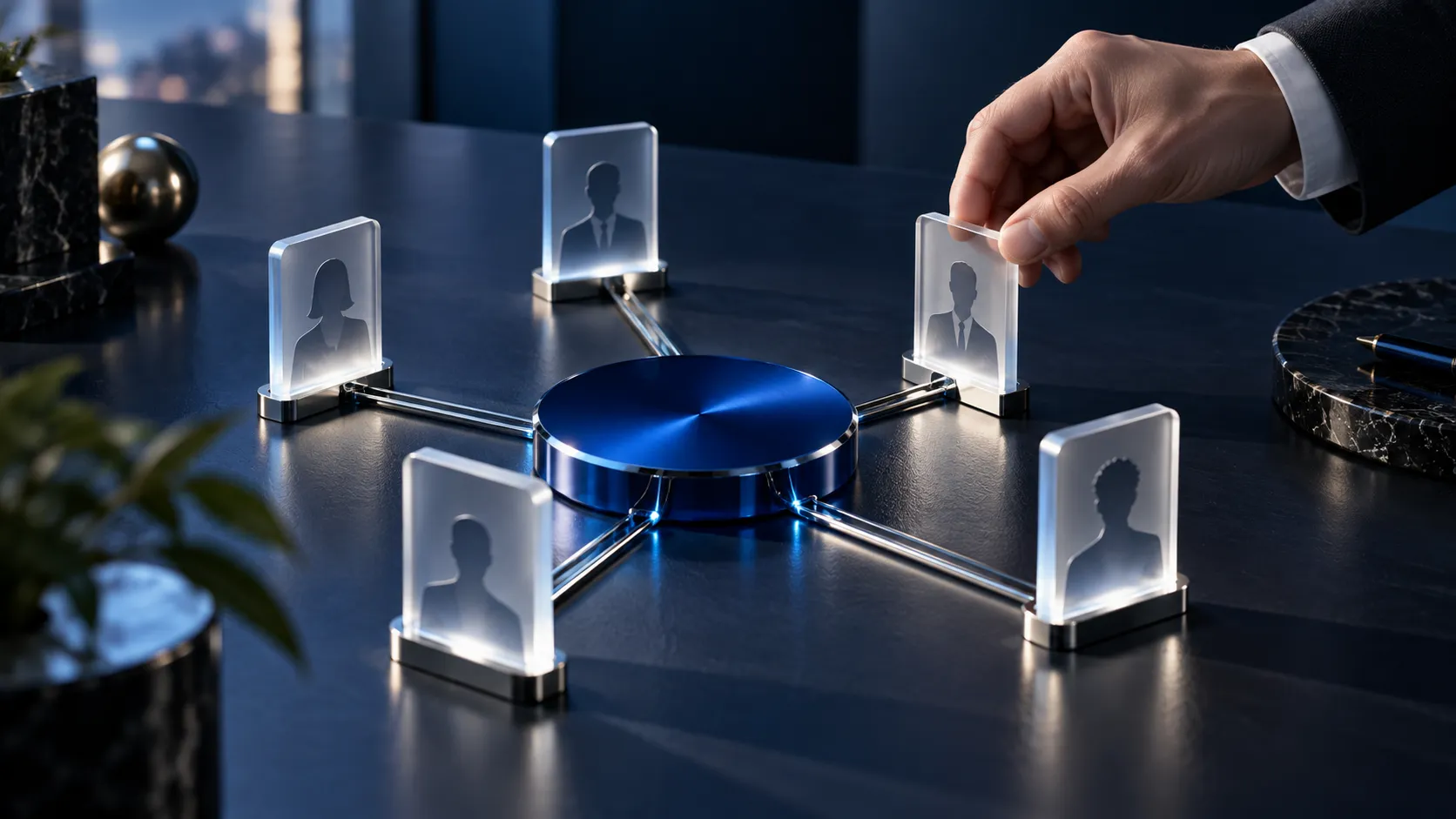 Conceptual CRM model with connected customer cards and a hand placing the final module.