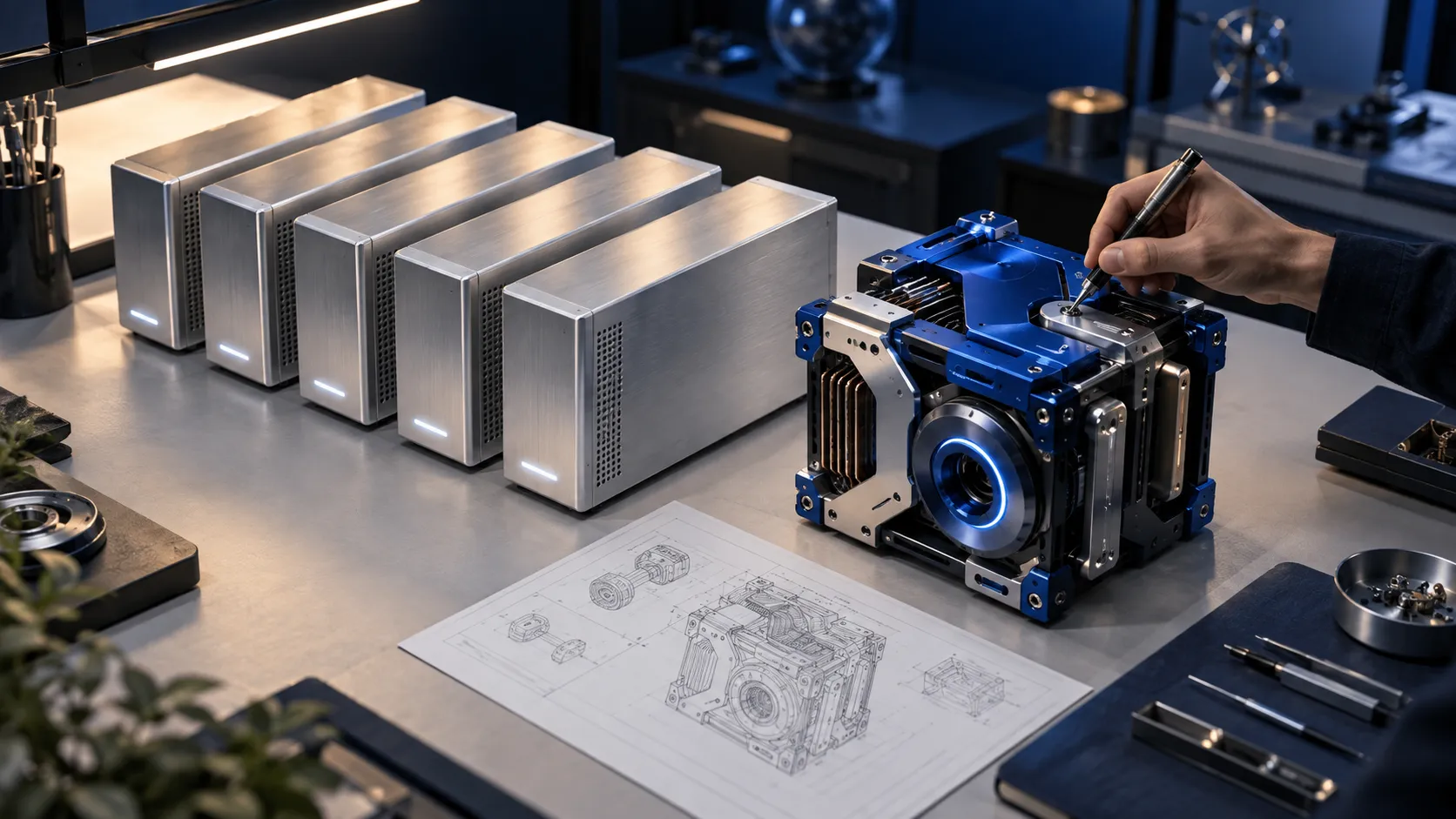 Precision workbench comparing standard software modules with a custom cobalt-blue assembly.