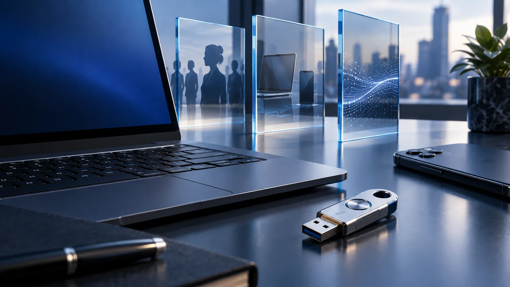 Laptop and physical security key beside glass panels representing identity, device and data protection.