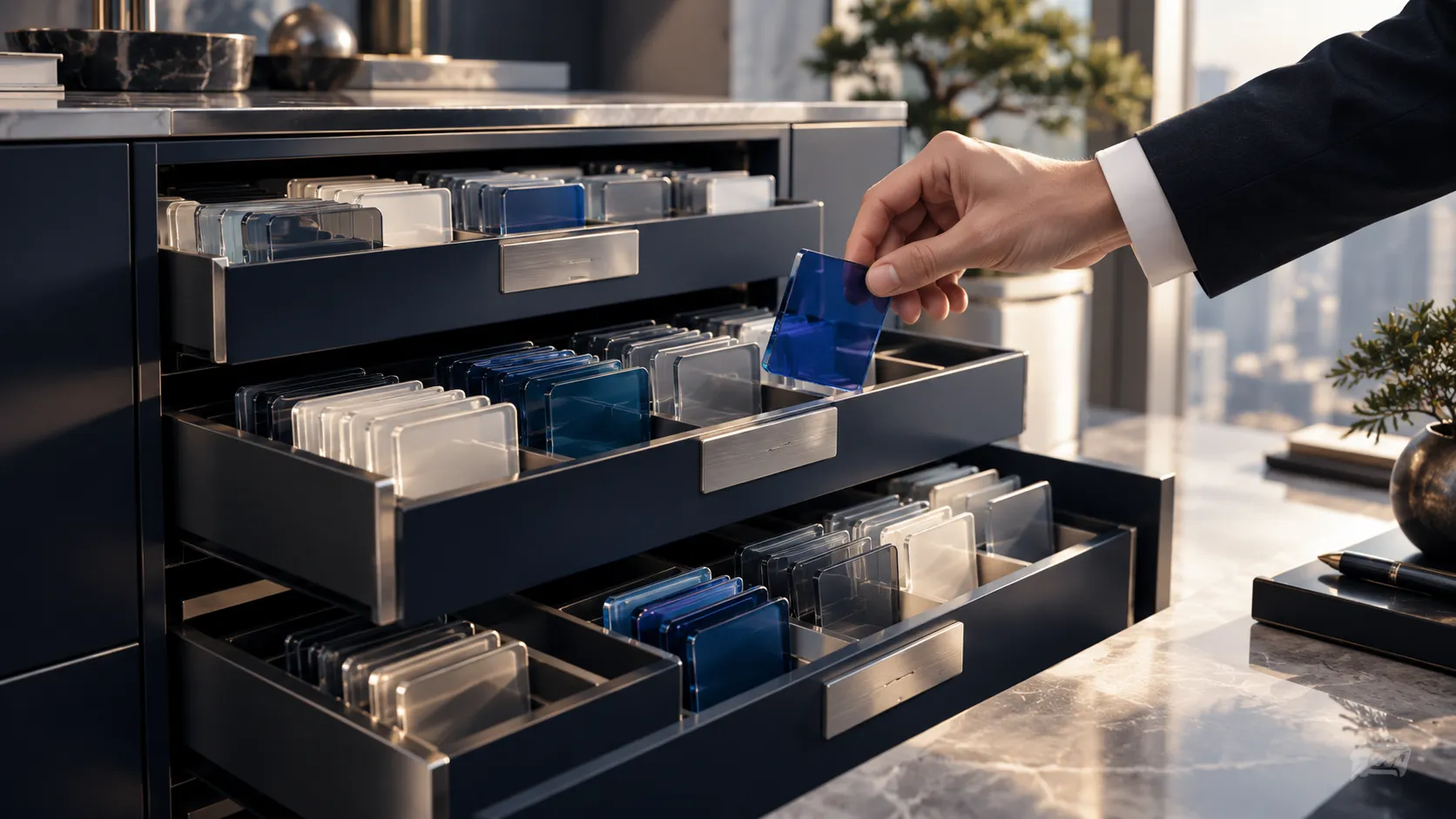 A hand reviews a cobalt software tile in a precisely organised application inventory cabinet.