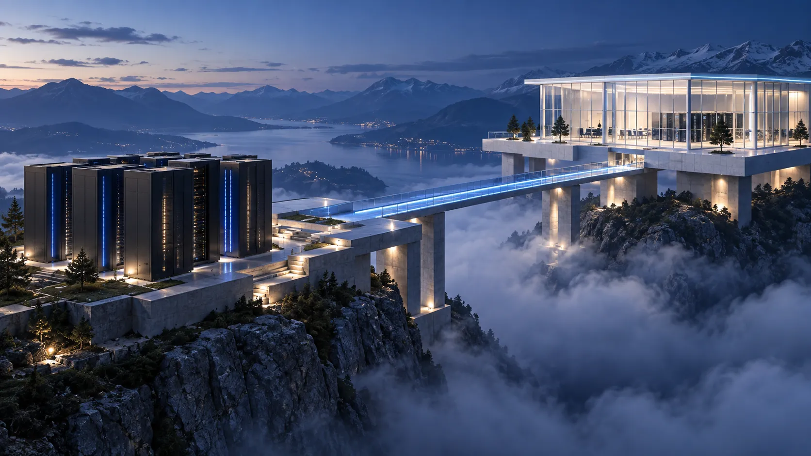 Conceptual server infrastructure connected by a cobalt causeway to an elevated cloud pavilion.