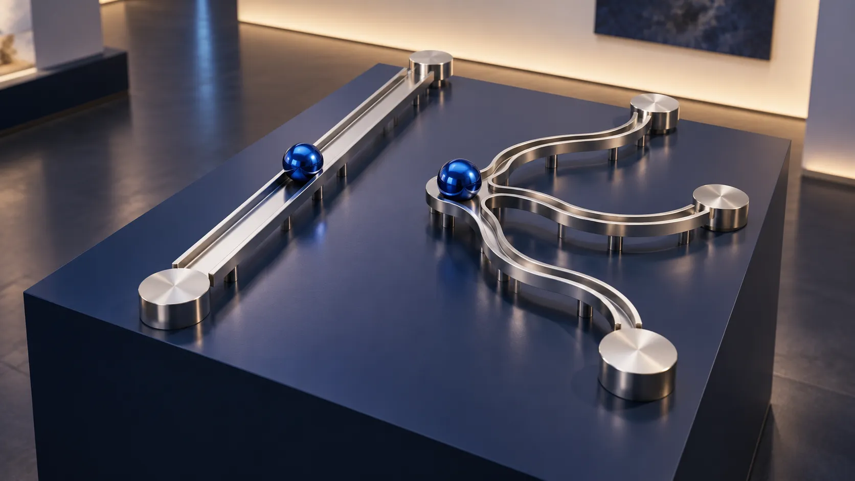Chrome tracks with cobalt spheres contrast a fixed route with branching choices.
