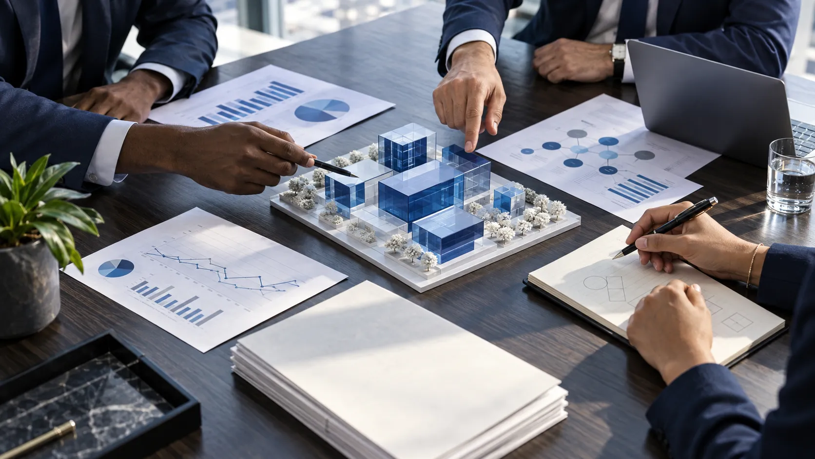Business leaders compare research documents and a cobalt technology model at a strategy table.