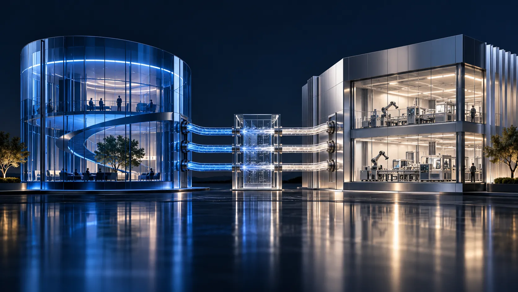 Distinct cobalt and silver business systems connected through a transparent data-routing chamber.