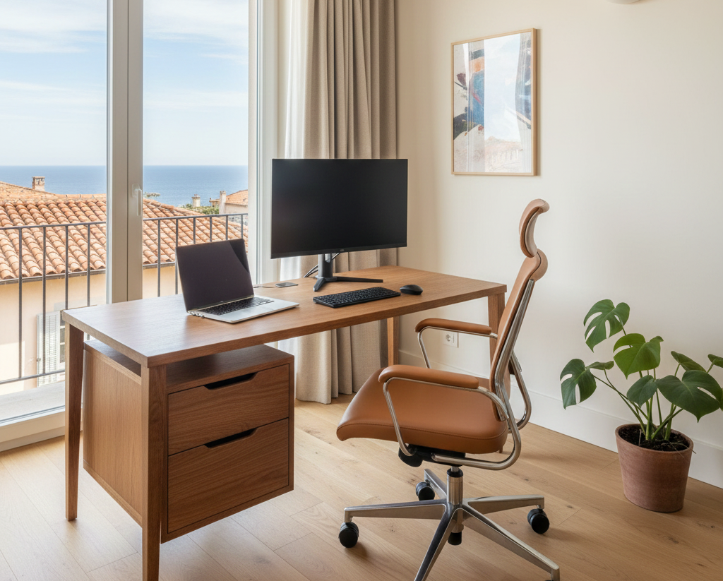 Espace de travail réel dans un logement : bureau fonctionnel, chaise confortable