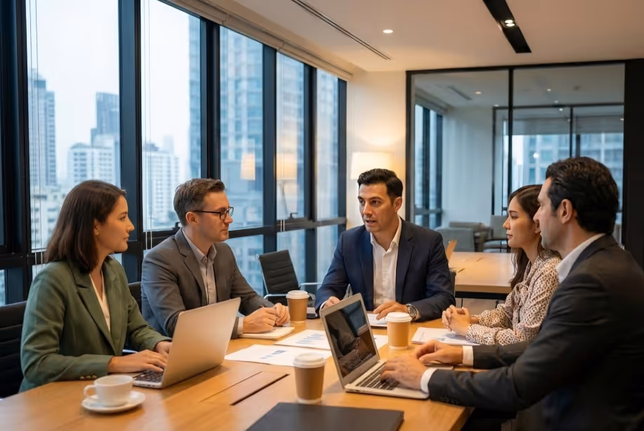 Fractional CSO leading commercial negotiation around a table with four other business professional, in a modern office with laptops and coffee cups.