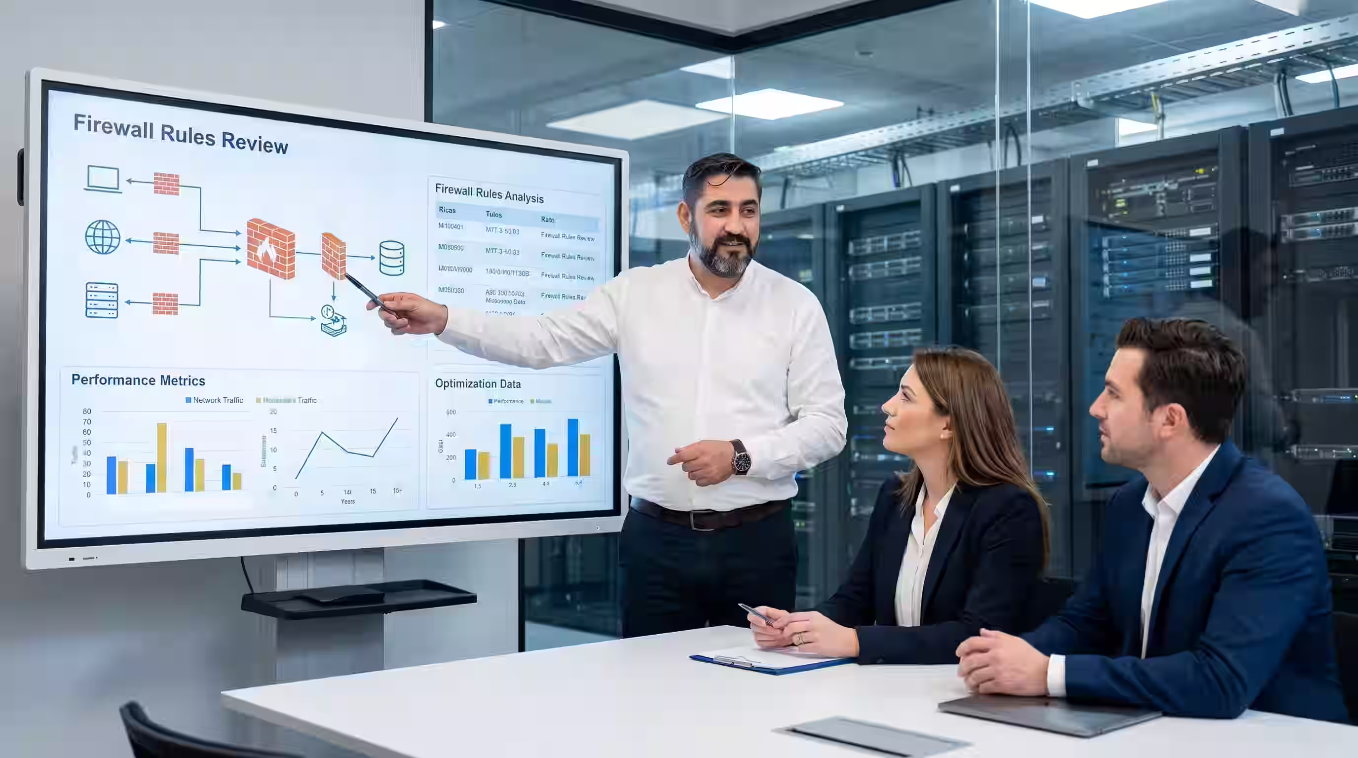 Fractional Executive CIO in white shirt pointing at a digital screen showing firewall rules review and performance metrics, with two colleagues seated at a table in a server room.