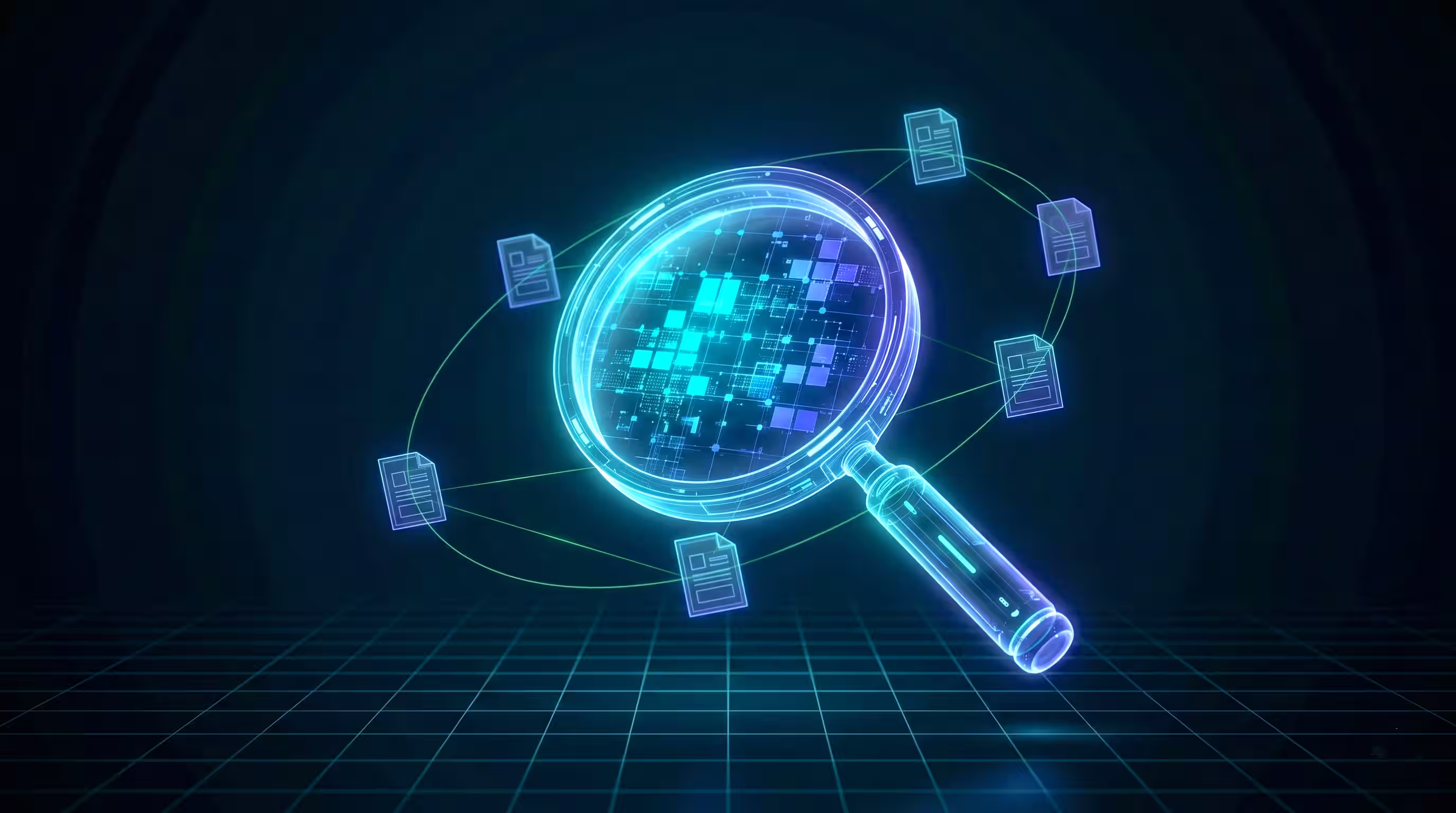 Glowing digital magnifying glass focusing on data squares surrounded by connected document icons.