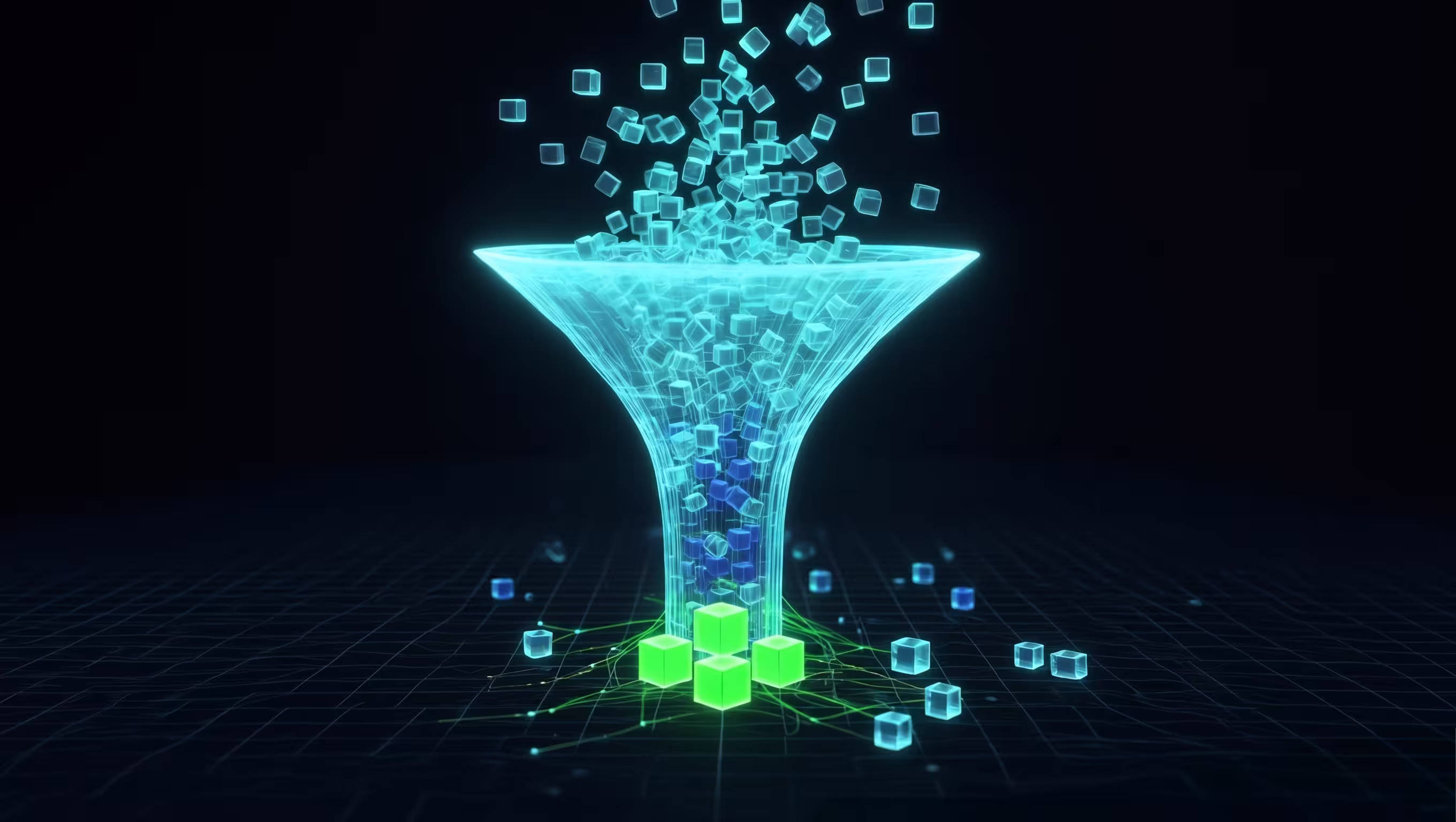 Glowing blue cubes flowing through an AI funnel with green cubes collected at the bottom on a grid surface.