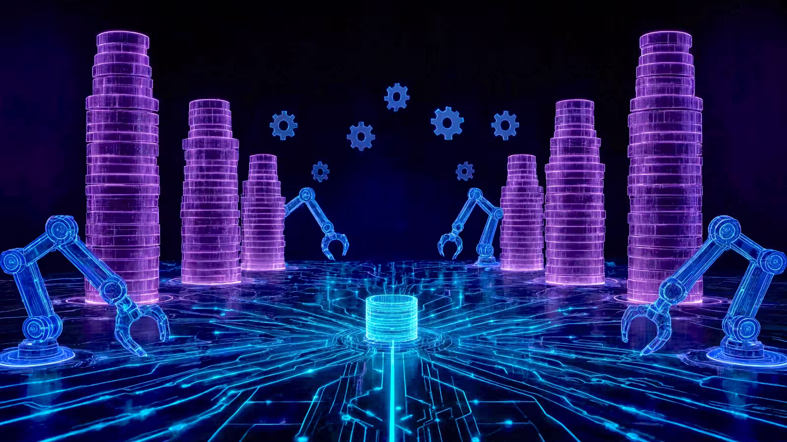 Neon robotic arms around digital ai token stacks with floating gears over a circuit board pattern, depicting ai automation.