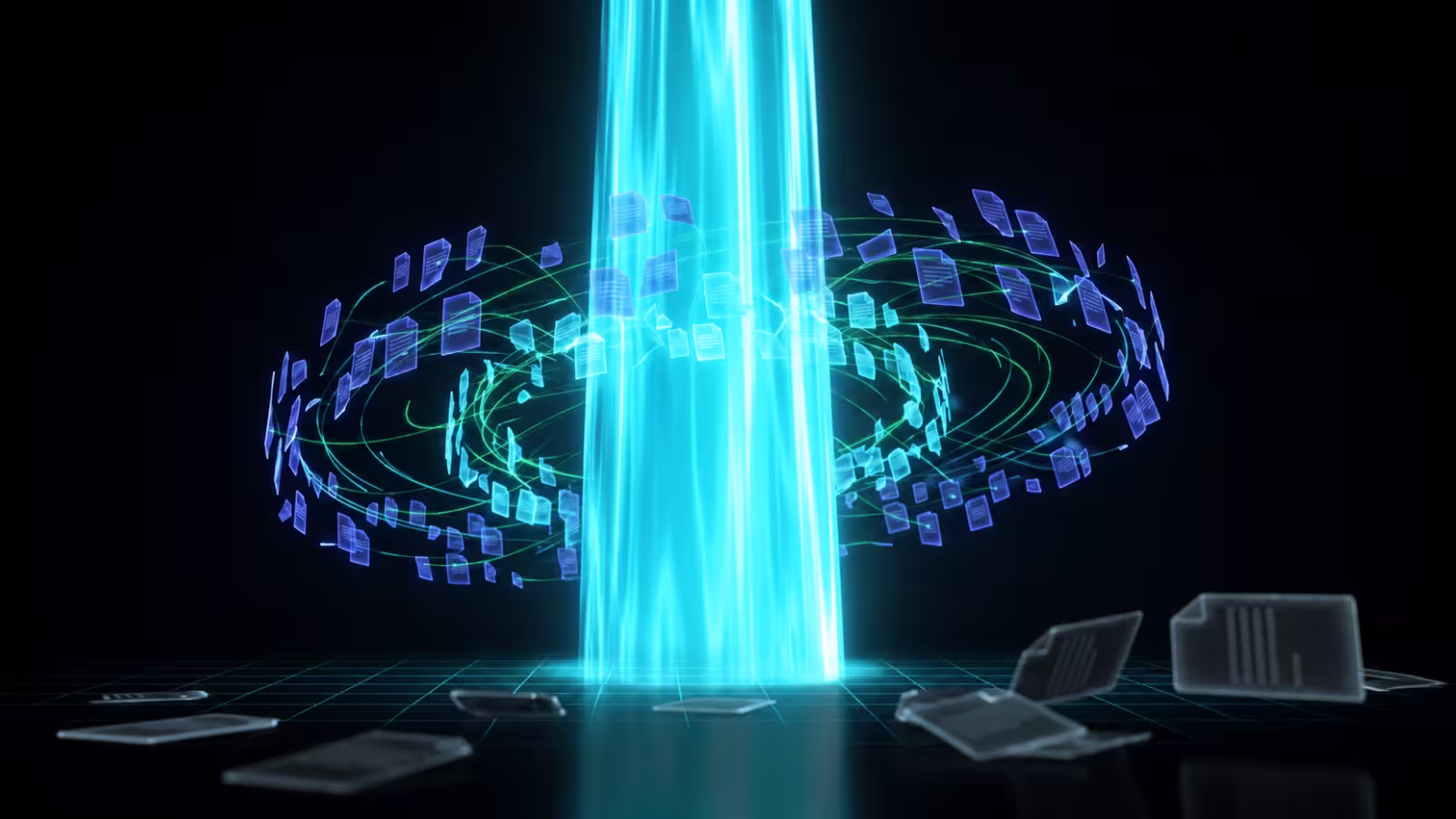 Blue digital light pillar with floating, swirling translucent ai document icons around it on dark grid background.