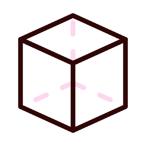 Wireframe cube with pink dashed lines inside indicating three-dimensional axes.