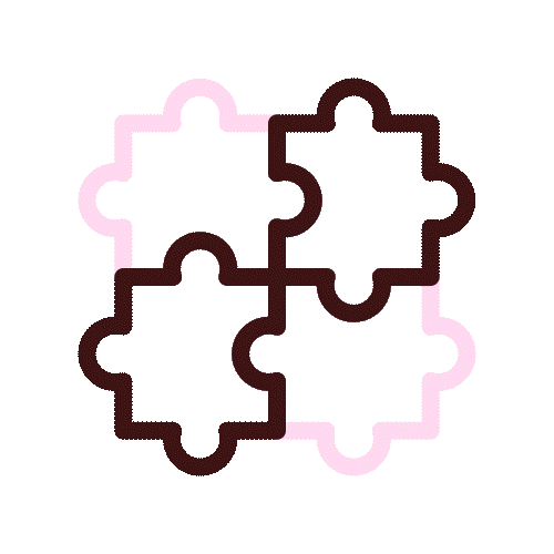 Four interconnected puzzle pieces forming a square shape in dark brown and light pink outlines on a transparent background.