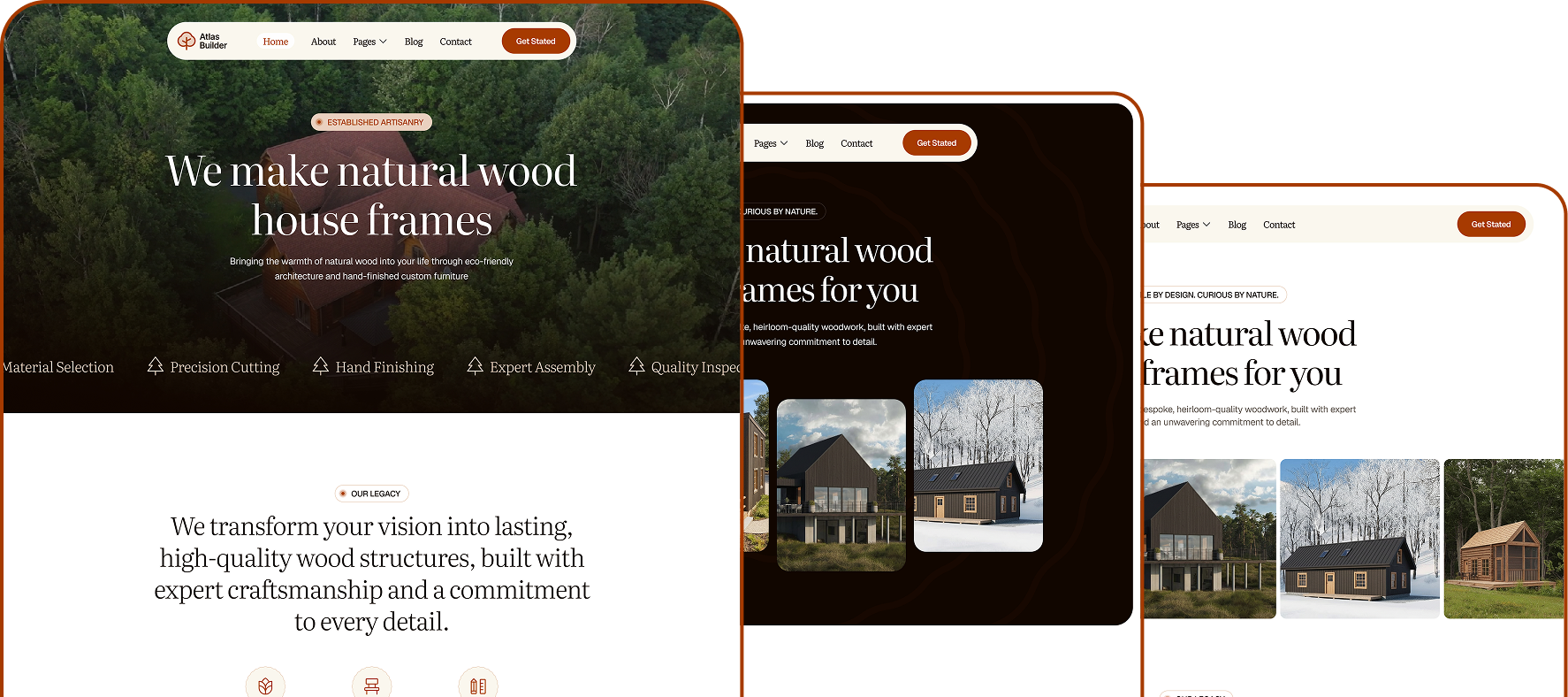 Website navigation design for Artisan Build showing natural wood house frames with an aerial forest background and various wood house models.