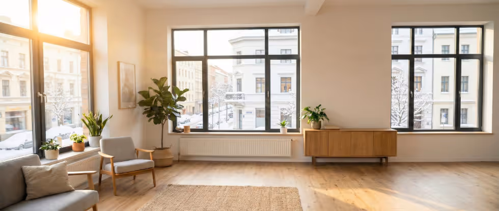 Modern bright living room interior showcasing professional indoor handyman services: fresh wall painting, new laminate flooring installation, and updated lighting fixtures for a cozy Canadian winter.