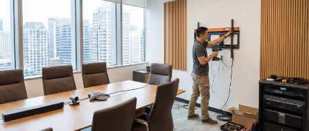Commercial TV mounting and boardroom tech setup in Calgary. | Quickfix Handyman Inc.