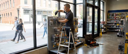 Handyman performing maintenance on retail shelving and storefront in Calgary. | Quickfix Handyman Inc.