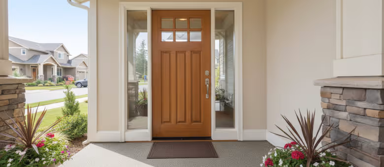 Professional front door repair and realignment services in Calgary, showing a perfectly balanced wooden entrance door with updated hardware for improved home security and energy efficiency.