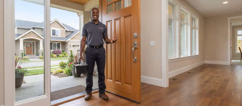 Professional front door repair and realignment in Calgary, featuring a perfectly fitted wood door with glass inserts and updated hardware to prevent drafts.