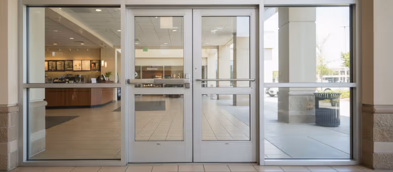 Front view of commercial double glass doors with professional panic bar installation and lock repair in a Calgary business entrance. | Quickfix Handyman Inc.
