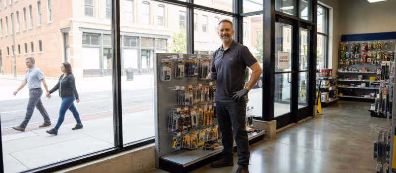 Professional handyman standing next to organized retail display shelves in a bright Calgary storefront, showcasing commercial door hardware and maintenance services. | Quickfix Handyman Inc.