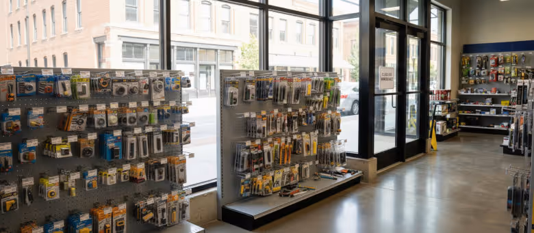 Interior of a modern commercial retail space in Calgary featuring organized hardware displays and aluminum glass entry doors, ideal for commercial property maintenance services. | Quickfix Handyman Inc.