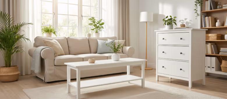 Professional furniture assembly in Calgary featuring a perfectly assembled white 3-drawer dresser and matching coffee table in a modern, sunlit living room. | Quickfix Handyman Inc.
