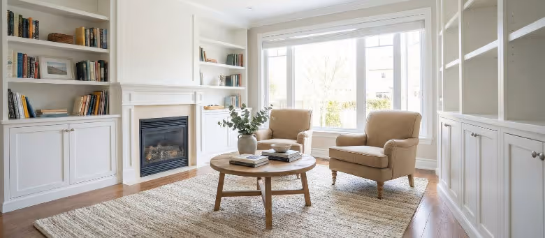 Beautifully completed custom built-in bookshelves and cabinetry surrounding a fireplace in a Calgary living room, styled with decor and comfortable seating for a premium home interior. | Quickfix Handyman Inc.