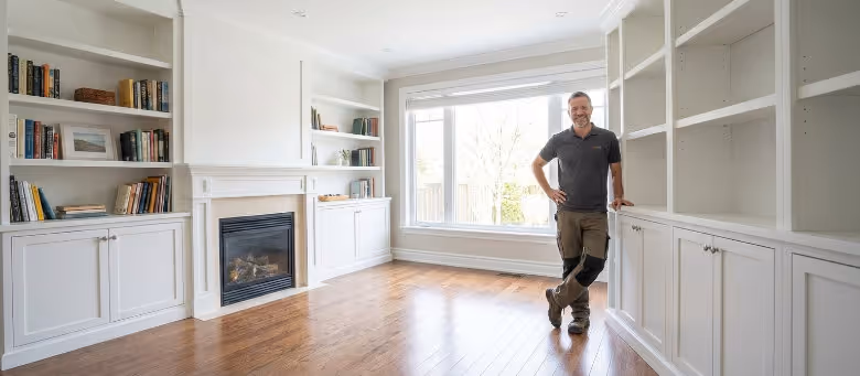 Professional custom shelving and built-in cabinetry installation in Calgary, featuring a skilled handyman standing next to floor-to-ceiling white bookcases surrounding a modern fireplace. | Quickfix Handyman Inc.