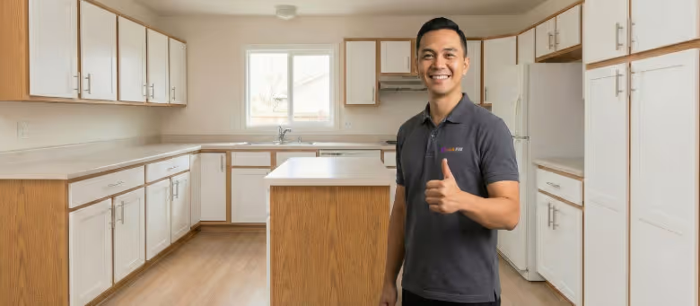 Professional kitchen cabinet refacing and hardware installation in Calgary, featuring a technician giving a thumbs up in a modern kitchen with updated white doors and silver handles. | Quickfix Handyman Inc.