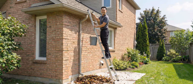 Professional gutter cleaning service in Calgary, featuring a technician on a ladder safely removing leaves and debris from residential rain gutters | Quickfix Handyman Inc.