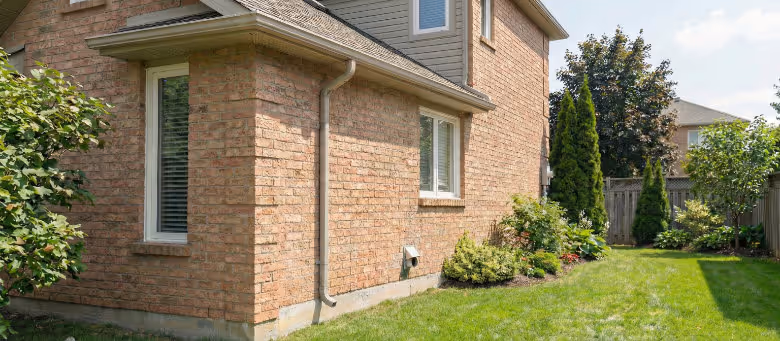 Completed gutter cleaning and inspection in Calgary, showcasing a clean and properly functioning roof drainage system on a brick home | Quickfix Handyman Inc.